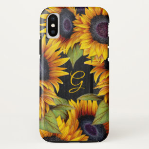 Funda Para iPhone XS Girasoles florales rústicos monograma de madera de
