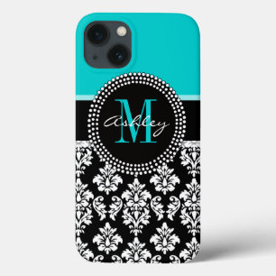 Funda Para iPhone 13 Girly Aqua Black Damask Su Monograma Nombre