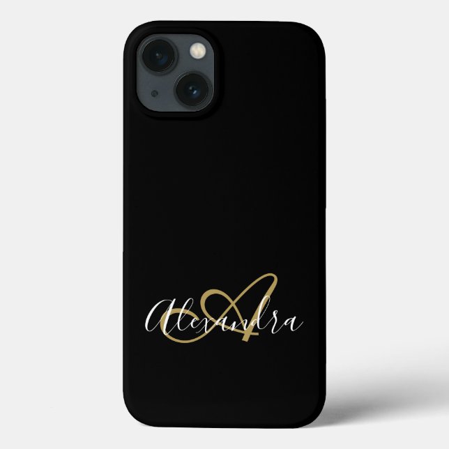 Funda De Case-Mate Para iPhone Girly Black Gold Elegant Monograma Nombre de guión (Reverso)