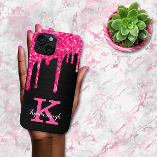 Funda Para iPhone 15 Girly Black Hot Pink Purpurinas Dris Monograma Nom