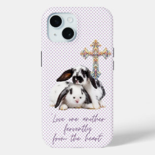 Funda Para iPhone 15 Girly Christian Gris Punto Conejo Pastel Cruz