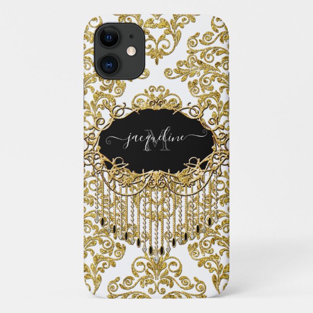 Funda De Case-Mate Para iPhone Girly Damask Gold Glitter Sparkle Monograma Nombre (Reverso)