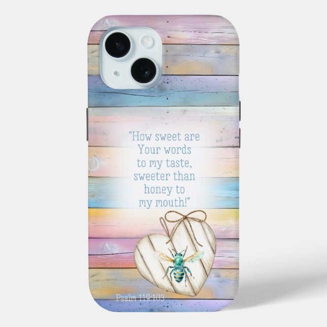 Funda De Case-Mate Para iPhone Girly Faux Pastel Wood Heart Turquoise Bee Bible (Reverso )