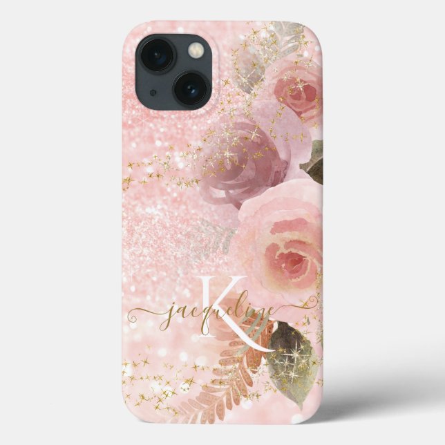 Funda De Case-Mate Para iPhone Girly Floral Elegante Purpurina Rosa Estrellas de  (Reverso)