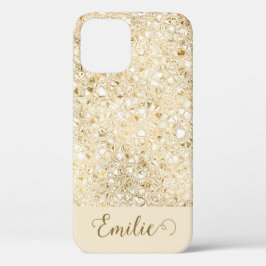 Funda Para iPhone 12 Girly Glam Gold Purpurina Monograma Nombre Script 