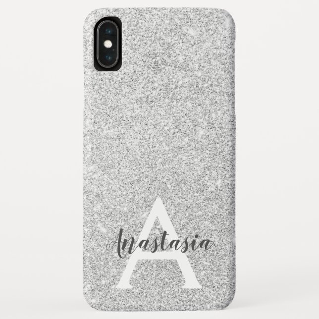 Funda De Case-Mate Para iPhone Girly Glam Silver Purpurina espárragos Monograma N (Reverso)
