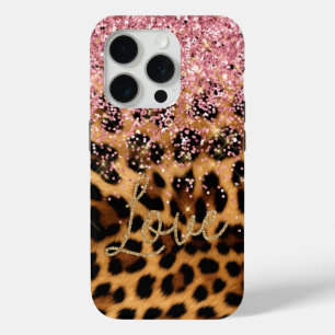 Funda Para iPhone 15 Pro Girly Moda Leopard Purpurina de oro rosa amor