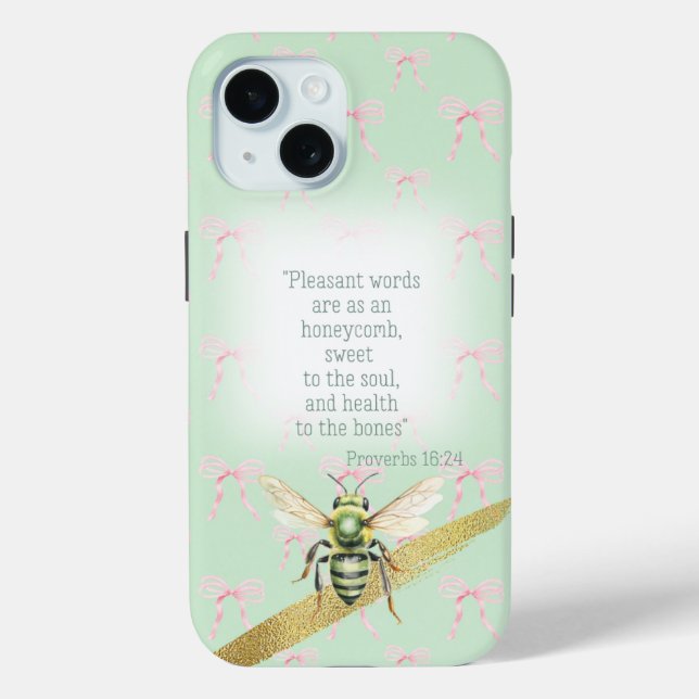 Funda De Case-Mate Para iPhone Girly Pastel Green Pink Bow Bible Green Bee (Reverso )
