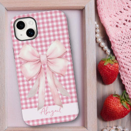Funda Para iPhone 14 Plus De Case-Mate Girly Pink Bow Gingham Plaid Personalizado