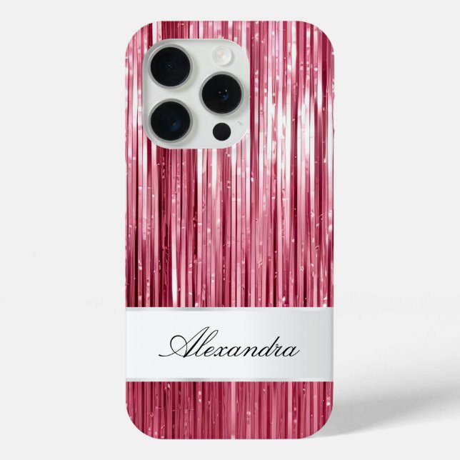 Funda De Case-Mate Para iPhone Girly Pink Glam Glitzy Tinsel Stripes (Reverso )