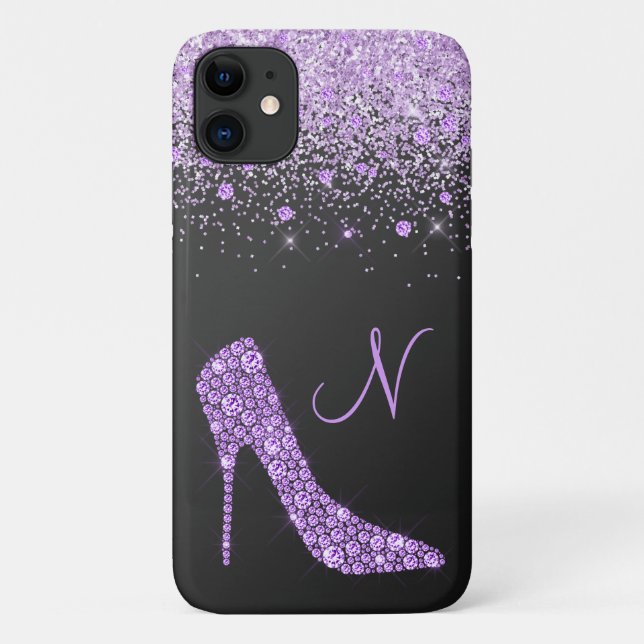Funda De Case-Mate Para iPhone Girly Purple Glitter Shoe Script Monogram Black (Reverso)