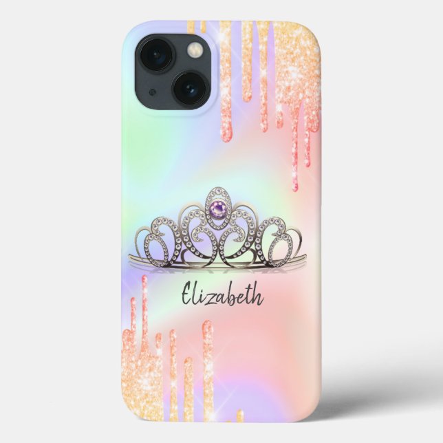 Funda De Case-Mate Para iPhone Girly Purpurina Drips Ombre Tiara Holographic (Reverso)