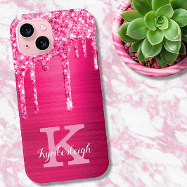 Funda Para iPhone 15 Girly Purpurina rosado caliente goteo Glam Monogra