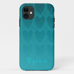 Funda Para iPhone 11 Girly Purpurina Turqouise corazones