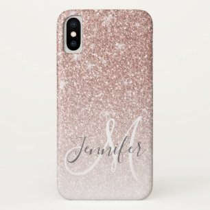 Funda Para iPhone X Girly Rosa Gold Purpurina Rubor Monograma Nombre