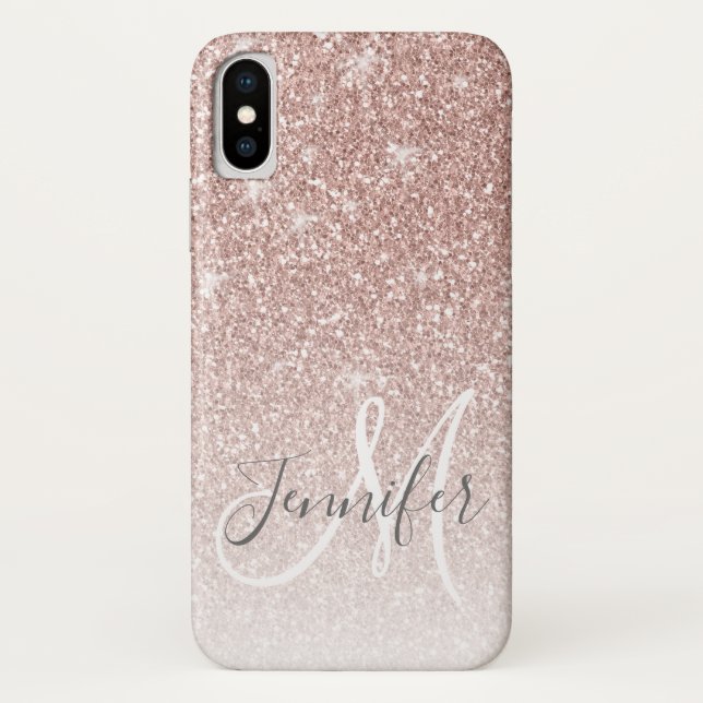 Funda De Case-Mate Para iPhone Girly Rosa Gold Purpurina Rubor Monograma Nombre (Reverso)