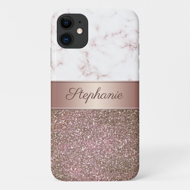 Funda De Case-Mate Para iPhone Girly Rosa Gold Purpurina y Marble Añadir nombre (Reverso)
