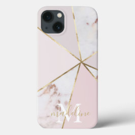 Funda Para iPhone 13 Girly Rosa Gold Rubor Geométrico Monograma iPhone 
