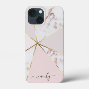 Funda Para iPhone 13 Mini Girly Rosa Gold Rubor Nombre geométrico moderno