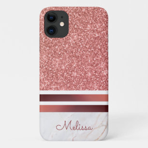 Funda Para iPhone 11 Girly Rosa Gold Stripes Faux Purpurina con nombre