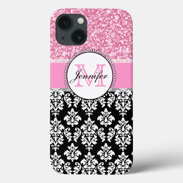 Funda De Case-Mate Para iPhone Girly, rosa, Purpurina Damasco negro personalizado (Reverso)