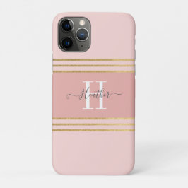 Funda Para iPhone 11 Pro Girly Rubor Rosa Gold Monograma Stripe