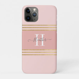 Funda Para iPhone 11 Pro Girly Rubor Rosa Gold Monograma Stripe