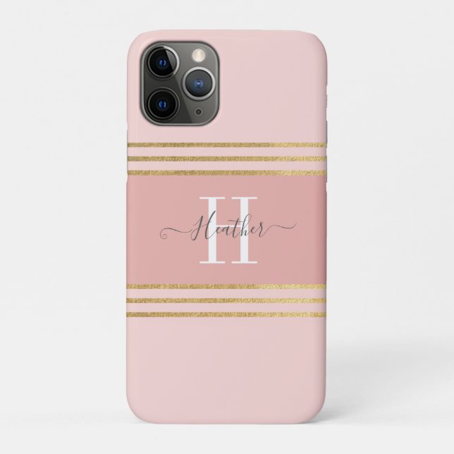 Funda De Case-Mate Para iPhone Girly Rubor Rosa Gold Monograma Stripe (Reverso)