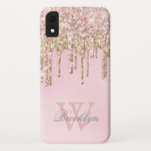 Funda Para iPhone XR Girly Rubor Rosa Oro Purpurina Dris Monogramado