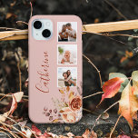 Funda Para iPhone 15 Mini Girly Watercolor Rosas 3-Foto y nombre<br><div class="desc">Personalice este diseño de bonito con su nombre o monograma. Cuenta con tres plantillas de fotos cuadradas,  un bonito grupo de flores de color acuático con colores cálidos de tierra y un campo de texto editable. El color de fondo es el personalizable.</div>