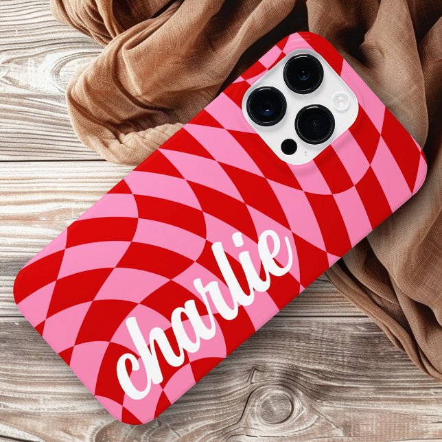 Funda De Case-Mate Para iPhone Giro de barandilla retro rosa (Retro checkerboard swirl wave pink red Case-Mate iPhone case)