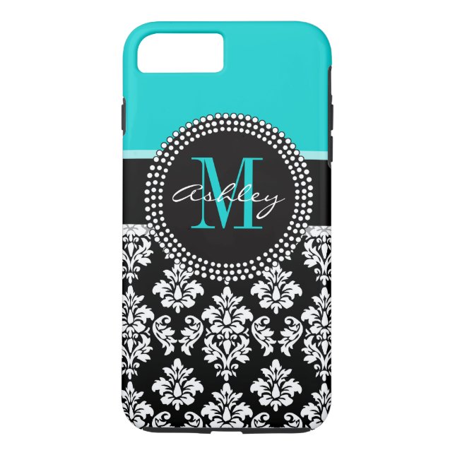 Funda De Case-Mate Para iPhone Girona Aqua Black Damask Su Monograma Nombre (Reverso)