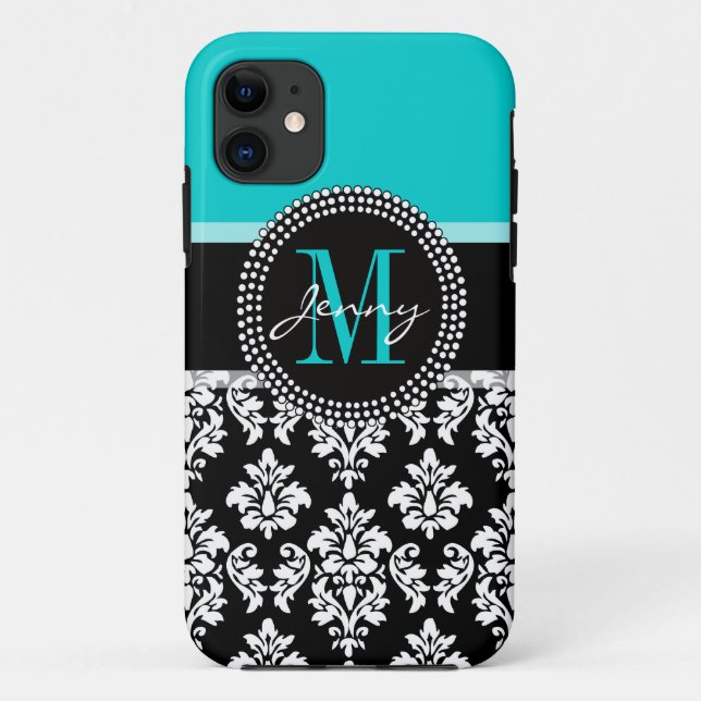 Funda De Case-Mate Para iPhone Girona Aqua Black Damask Su Monograma Nombre (Reverso)