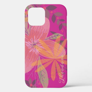 Funda Para iPhone 12 Girona Resumen Hoja de Oro Flor Fuchsia