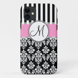 Funda Para iPhone 11 Girona, rosa, negra Damasco tu monograma inicial