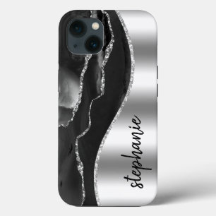 Funda Para iPhone 13 Glam Agata Geoda Metálico Plata Negro Nombre