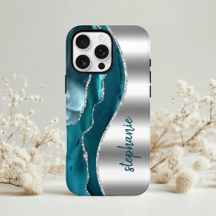 Funda Para iPhone 13 Glam Agata Geoda Metálico Plata Turquesa Nombre