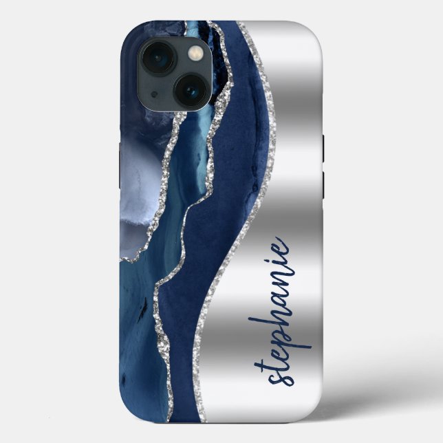 Funda De Case-Mate Para iPhone Glam Agate Geode Metallic Silver Blue Name (Reverso )