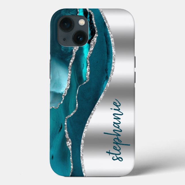 Funda De Case-Mate Para iPhone Glam Agate Geode Metallic Silver Nombre Verde azul (Reverso )