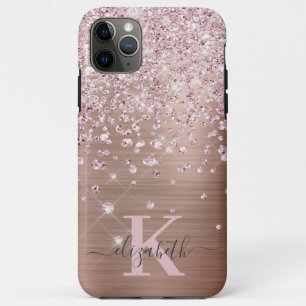 Funda Para iPhone 11 Pro Max Glam Bling Rosa Gold Diamond Confetti Monogramado
