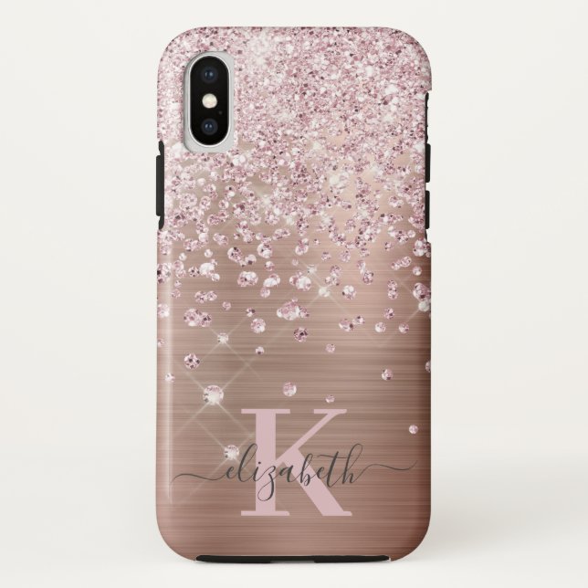 Funda De Case-Mate Para iPhone Glam Bling Rosa Gold Diamond Confetti Monogramado (Reverso)
