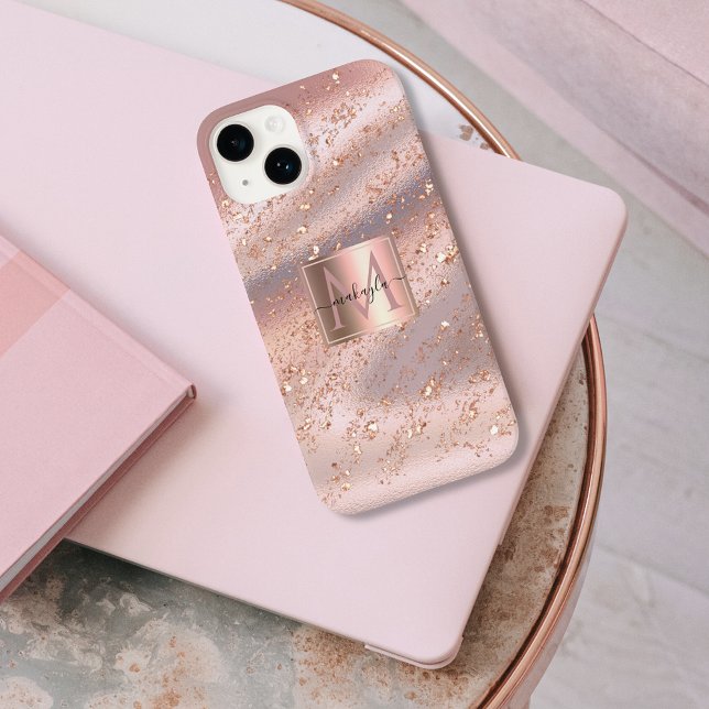 Funda De Case-Mate Para iPhone Glam Girly Rosa Gold Flakes Gitter Monograma (Subido por el creador)