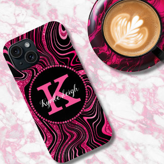 Funda Para iPhone 15 Glam Hot Pink Black Marble Agble Purpurina Monogra