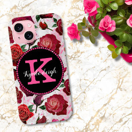 Funda Para iPhone 15 Glam Hot Pink Rosas Marble Diamond Monograma