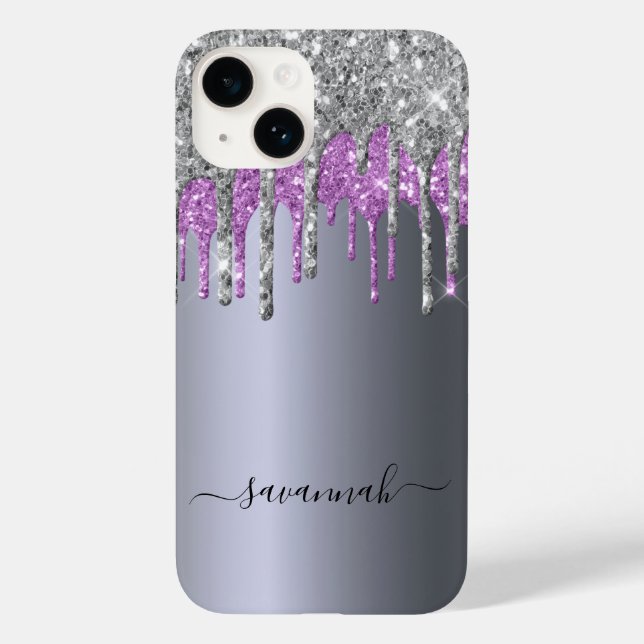 Funda De Case-Mate Para iPhone Glam monograma de chispa púrpura purpurina platead (Reverso )