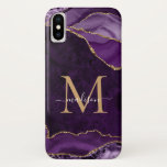Funda Para iPhone X Glam Purple Gold Purpurina Agate Gemstone Monogram<br><div class="desc">Moderno Glam Violeta Morada Oro Purpurina Esparkle Agate Geode Elegante Monograma Femenino Script Nombre Teléfono Estuche</div>