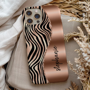 Funda Para iPhone 13 Glam Rosa Dorado Rayas de Tigre Negro Nombre