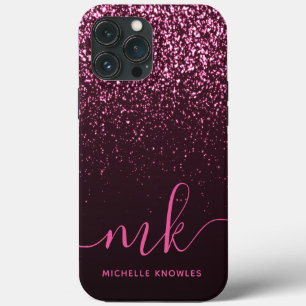 Funda Para iPhone 13 Pro Max Glam Rosa Purpurina rosado Nombre de monograma de 