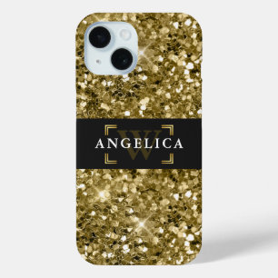 Funda Para iPhone 15 Glamour Monogrammed Sparkle Metallic Gold