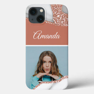 Funda Para iPhone 13 Glamour Rosa de oro Purpurina foto de mármol